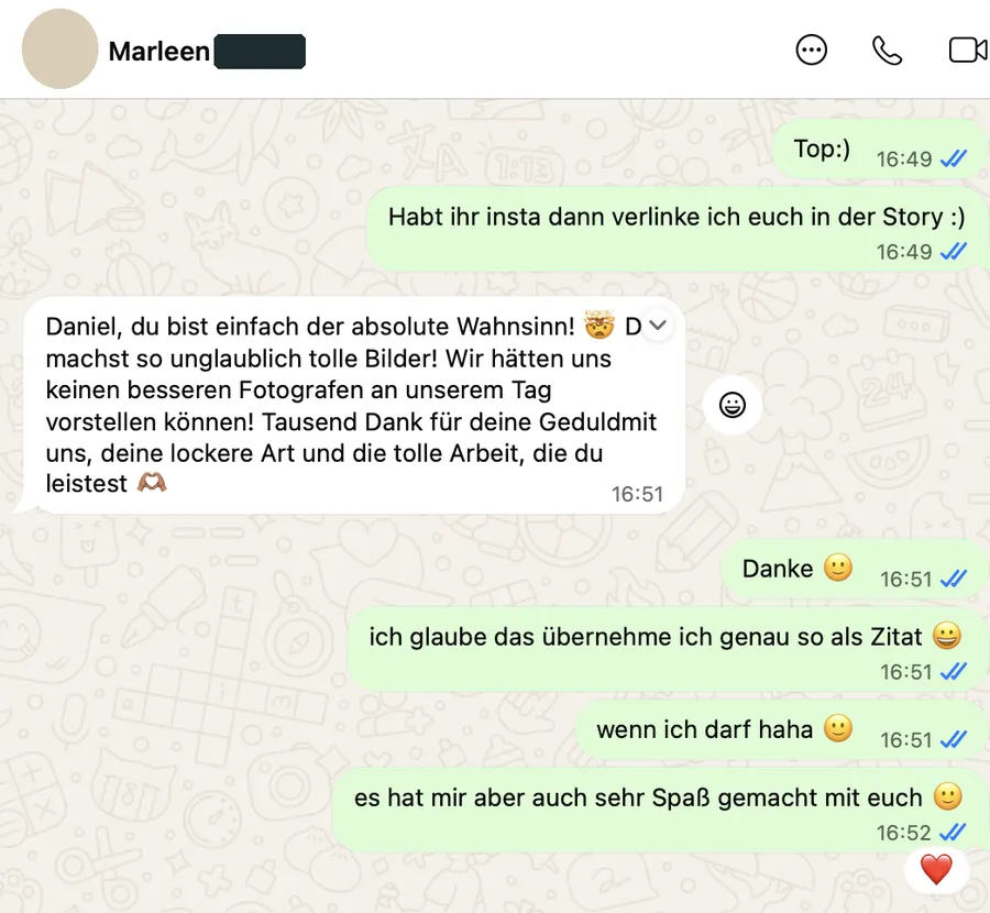 WhatsApp-Nachricht: Dank für Geduld, lockere Art und die tolle Arbeit.