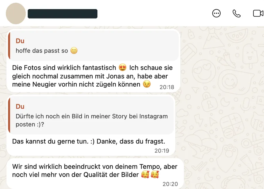 WhatsApp-Nachricht: beeindruckt vom Tempo und noch mehr von der Qualität der Bilder.
