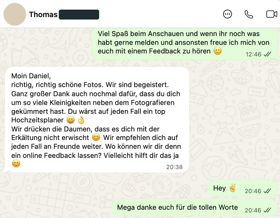 WhatsApp-Nachricht: Dank für die Fotos und dafür, dass Daniel sich um viele Kleinigkeiten gekümmert hat.