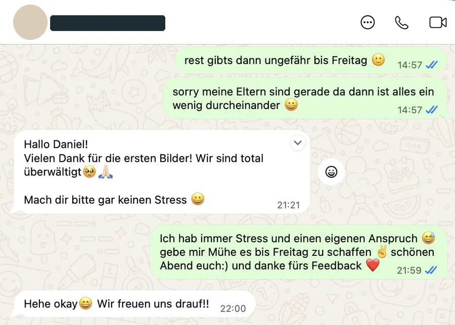 WhatsApp-Nachricht: total überwältigt von den ersten Bildern.
